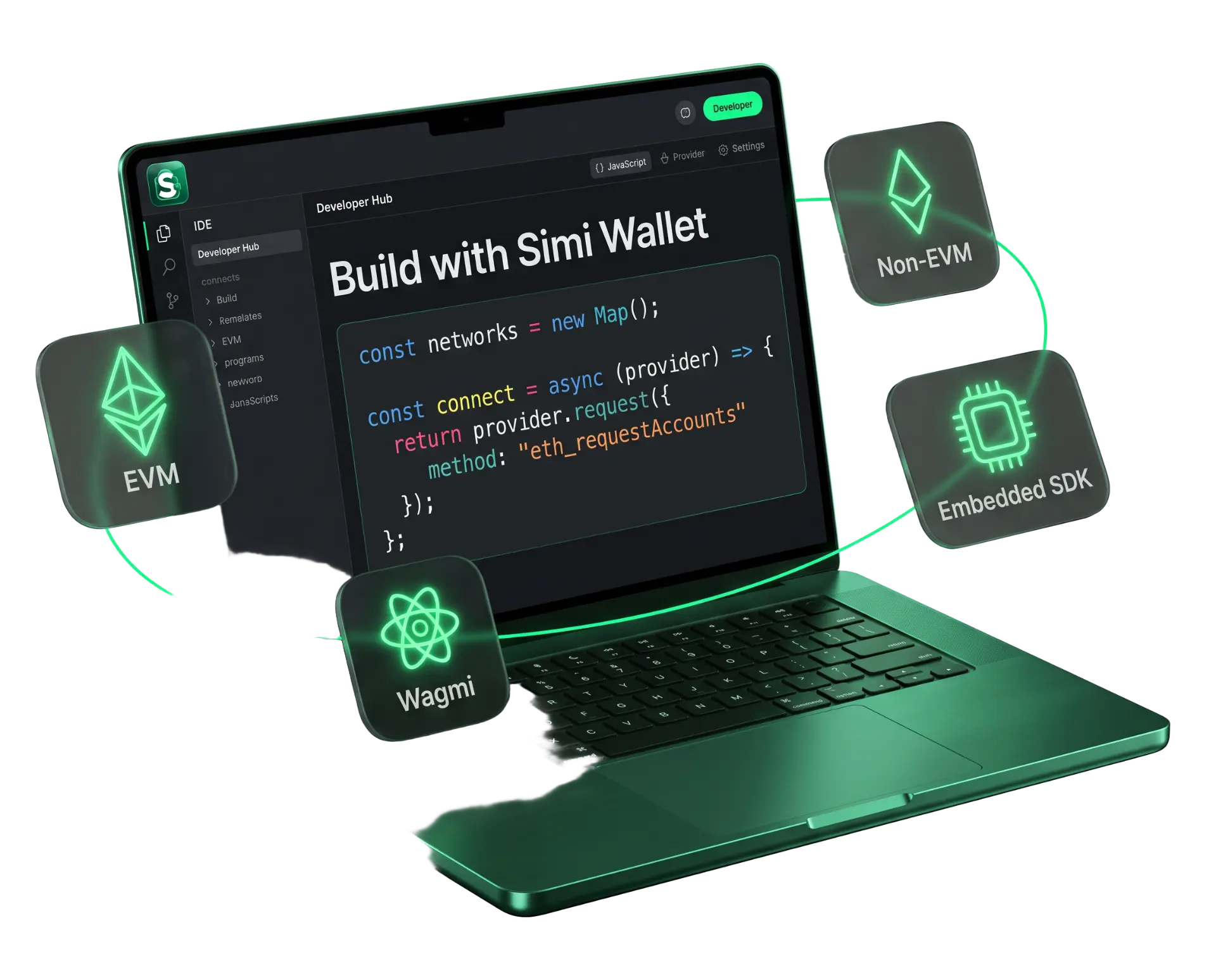 Simi SDK developer laptop with code and multi-chain integration