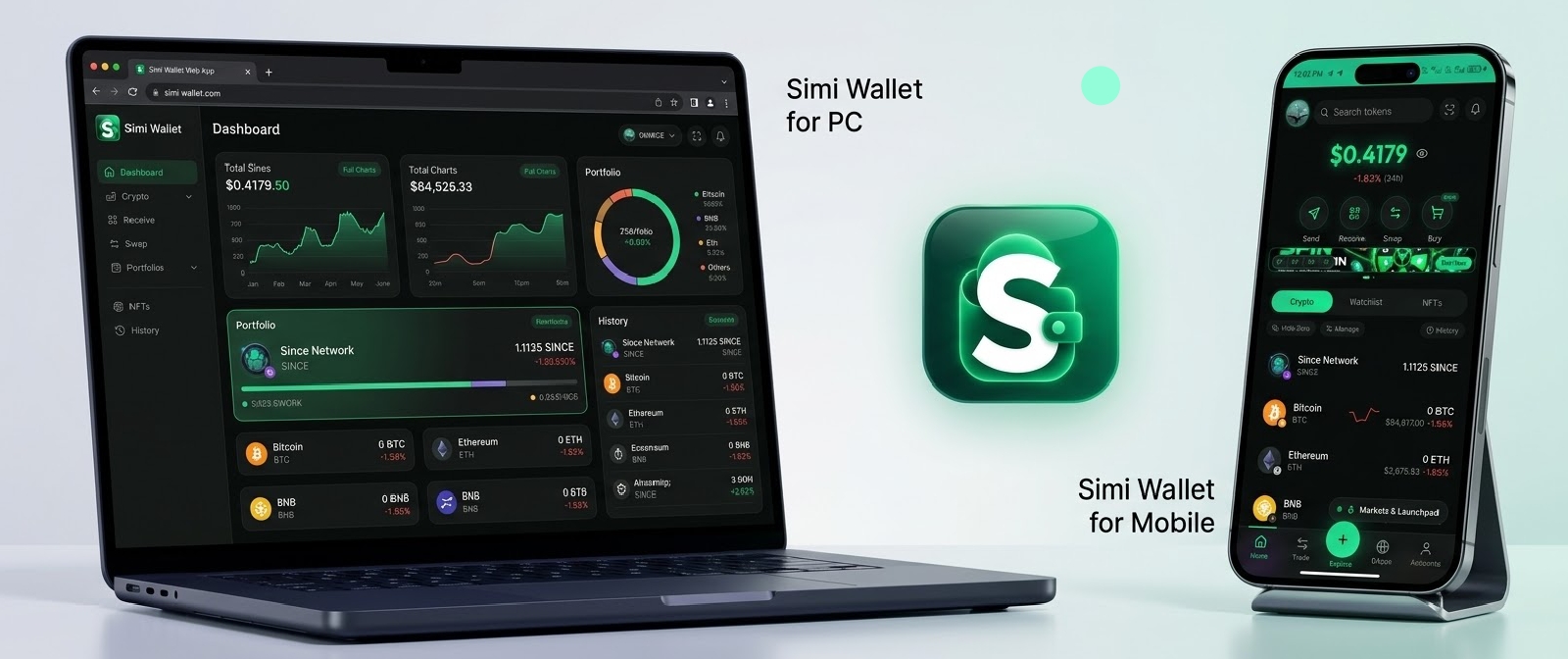 Simi Wallet desktop dashboard and mobile app side by side